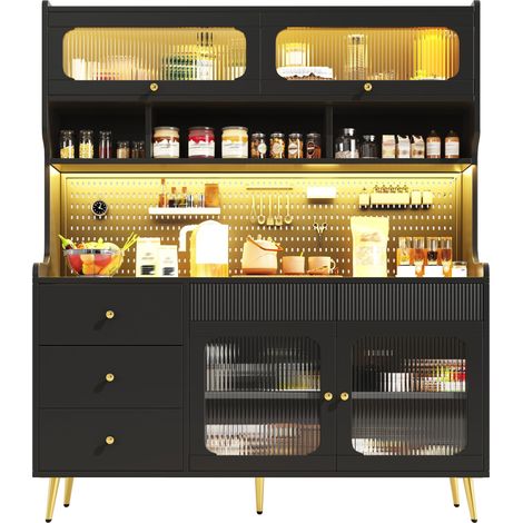 Buffet haut moderne noir avec LED, armoire étroite pour cuisine et salon, porte relevable, 145x39x171 cm (1/5)