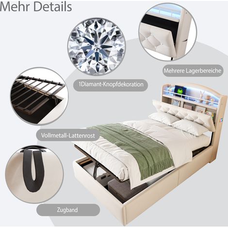 Lit Polsterbett 90x200 cm beige, Samt-Einzelbett avec rangement, fonctionnel avec LED et port USB, matelas non inclus. (1/5)