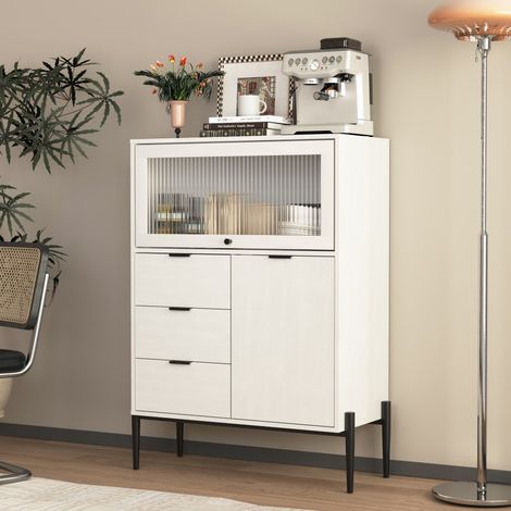 Credenza 85 x 40 x 120 cm - 3 cassetti, 1 anta e 1 anta in vetro - Ripiani regolabili - Bianco (1/5)