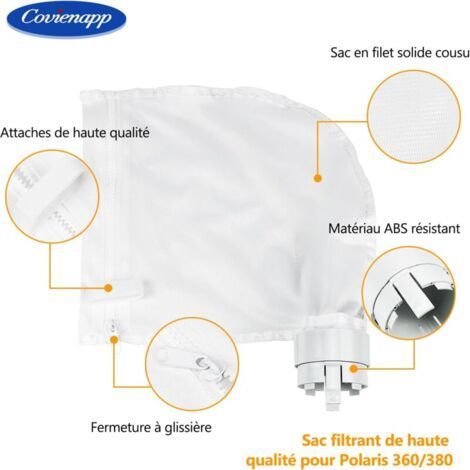 Lot de 2 Sacs Filtrants pour Nettoyeur de Piscine Convient pour Polaris360 et 380 Nettoyeur de Piscine Design Zippé et Réglable en Blanc-- (1/3)