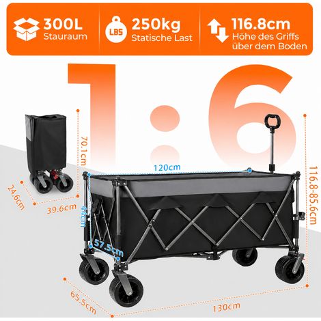 Carrello pieghevole 120x57,5x44 cm con struttura in acciaio, carico 250 kg, freni e tessuto, nero/grigio (1/4)