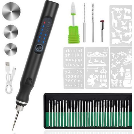 Stylo graveur électrique 37 bits, machine de gravure sans fil rechargeable par USB, adaptée à la gravure de bijoux, de verre et de pierre, noir. (1/5)
