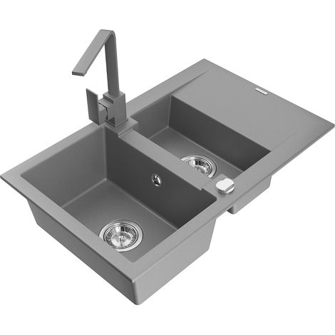 Mexen Gaspar évier en granit 1,5 bac avec égouttoir et robinet de cuisine Rita, gris - 6507-71-670300-71 (1/5)