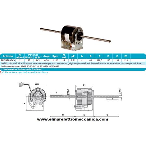 ELCO 3RGB 50-30-6V/14 Motore 145 W BIALBERO 6 Velocità aspiratore Fan Coil
