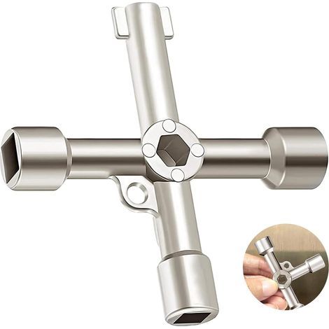 Clé Multifonction à 4 Voies,Clé en Croix,C-lé Utilitaire Multifonction,C-lé Universelle pour Armoire Électrique,pour C-lé d'ouverture d'armoire de Boîte de Compteur de Gaz d'eau électrique (1/5)