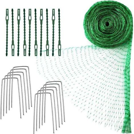 Rete per uccelli, 4 x 10 m, verde, per giardino, per la protezione di piante, frutta, fiori e ortaggi. Include 10 picchetti per il fissaggio a terra e 10 fascette. (1/4)