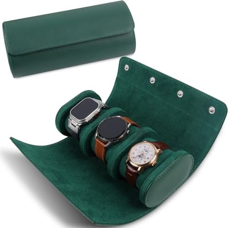 Étui à montre portable, étui de voyage pour montre, boîte de rangement à trois compartiments pour montres, vert (1/5)