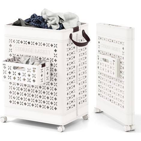 Panier à Linge Pliable et Mobile 75 L, Bac de Rangement en Plastique avec Panier à Sous-vêtements et Poignées, 43,5 x 34 x 61 cm, Blanc (1/5)