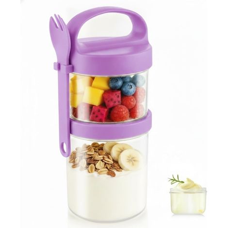 Bol de petit-déjeuner portable (avec cuillère) violet 360 ml + 560 ml Bols, boîtes et récipients pour le petit-déjeuner, pots à yaourt portables (1/5)