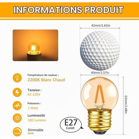 Ampoule LED Edison E27 Vintage 1W, Équivalent 10W, 100LM Blanc Chaud 2200K, Verre Ambré, 220V Mini Globe G40 E27 Ampoule LED à filament Veilleuse Décorative, Non Dimmable (1/3)