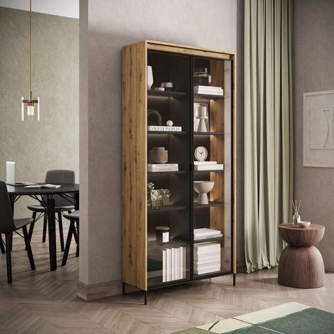 BOBOCHIC - Meuble vitrine H.196 cm 2 portes vitrées LENARA avec LED Marron clair (1/4)