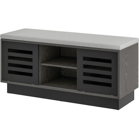 Panca scarpiera con 6 scomparti e 3 ripiani regolabili, Panca porta scarpe con cuscino 2 ante scorrevoli Grigio scuro (1/5)