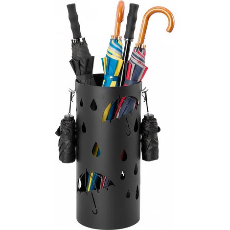 Portaombrelli Rotondo In Acciaio Zincato Con Vaschetta Scolapioggia E 4 Ganci Removibili Base Antiscivolo Design Moderno Per Ingresso Casa e Ufficio 41 x 17 Cm Nero