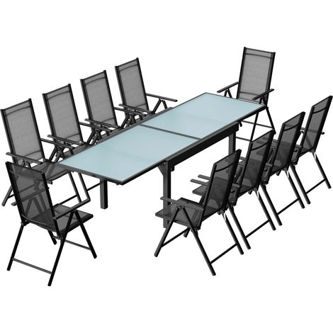 Concept-Usine – Ensemble table et chaises de jardin extensible 10 places – Structure en aluminium – Plateau en verre Nashiji – Fauteuils en toile PVC noir