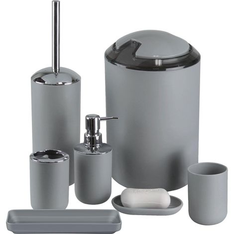 Lot de 6 Accessoires de Salle de Bain en Plastique avec Porte-Brosse à Dents, Distributeur de Savon, Vaisselle, Brosse WC et Support, Poubelle avec Paille pour Salle de Bain, Gris (1/5)