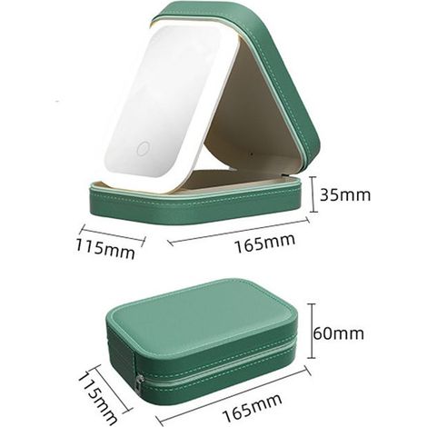 Specchio per il trucco LED tricolore regolabile, set da 2 pezzi, specchio per il trucco ricaricabile con luce LED e contenitore, rosa + verde (1/4)