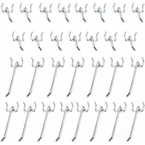 Ganci metallici per pannelli forati, accessori per pannelli forati, set di ganci singoli da 10 cm e 5 cm per garage, rimesse attrezzi, officine, 30 pezzi (1/4)