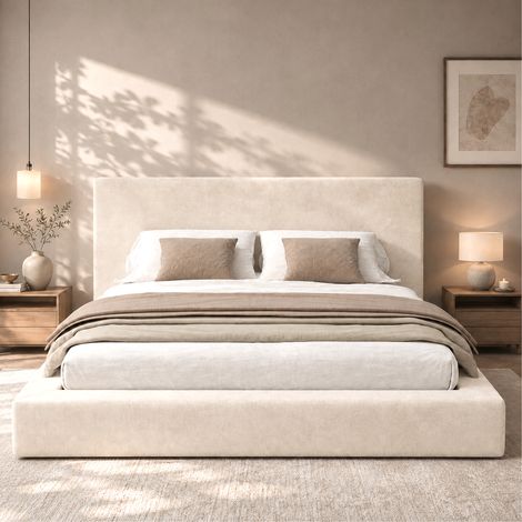 Letto contenitore 180x200 cm ciniglia beige, idraulico, senza materasso - MEUBLIV (1/5)