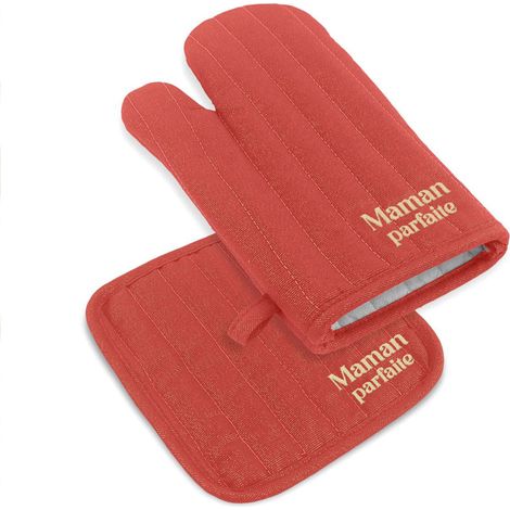 Set gant et manique de cuisine Maman parfaite rouge pailleté