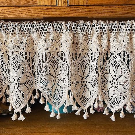 Rideaux rustiques au crochet, adaptés aux cuisines et aux petites fenêtres, avec pompons, parfaits pour la décoration de café, 150x38 cm. (1/5)