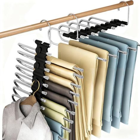 2 Pcs Cintre Pantalon, 9 en 1 Cintres pour Pantalons Acier Inoxydable, Antidérapants Pliables Porte-Pantalons, Multifonctions Cintre Gain Place pour Écharpes, Jeans, Vêtements, Serviettes (1/5)