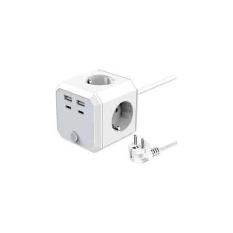 Multipresa a cubo con 4 prese e 3 porte USB, multipresa a torre da 1,8 m, adatta per casa e ufficio, bianca (1/2)