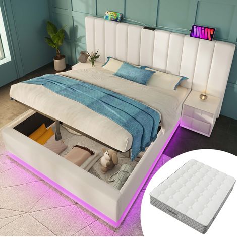 lit adulte double rangement LED USB C 180x200 PU blanc OKMYHOME (1/5)