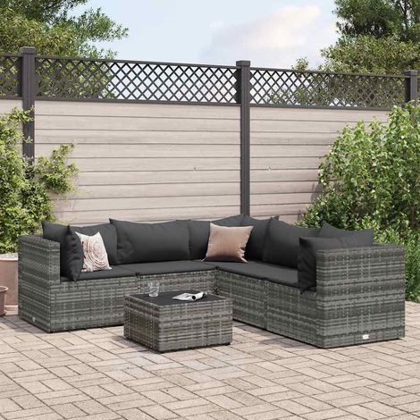 6-tlg. Garten-Lounge-Set mit Kissen Grau Poly Rattan (1/5)