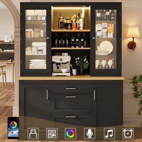 Meuble cuisine LED avec application, 3 tiroirs, plan de travail et étagères réglables, armoire rangement design noir blanc vert (1/5)