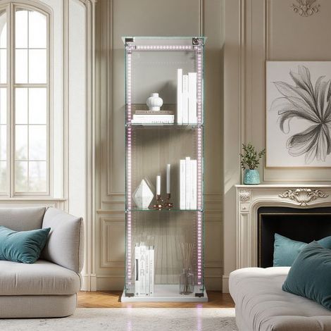 Vetrina in vetro, LED, 3 Ripiani, Armadio di Presentazione per Salotto, Per collezione, Scandinavo, 123 x 39 x 35cm, Bianco
