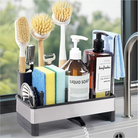 Organisateur d'évier pour la Cuisine, Eponge Evier Cuisine, Organisateur d'évier, vidange automatique, avec porte-serviettes, avec Support pour Brosse (Noir) (1/5)