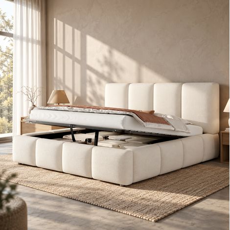 MODFU – Letto contenitore 180x200 cm in bouclé con contenitore idraulico, rete a doghe, testiera imbottita e carico 220 kg – Bianco (1/5)