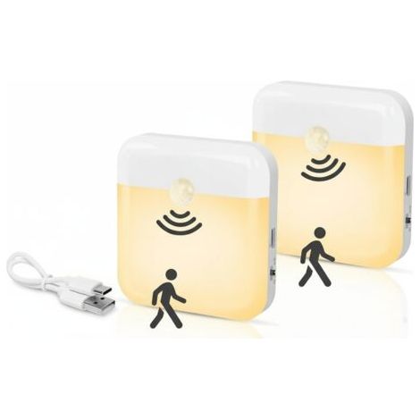 Ein Set aus zwei wiederaufladbaren LED-Nachtlichtern mit Bewegungsmeldern für automatische Beleuchtung und magnetischer Befestigung, die für angenehmes Licht in Kinderzimmern und Fluren sorgen.