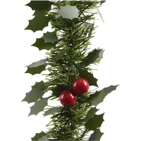 Ghirlanda navideña de PVC con hojas y bayas verdes y rojas 10 × 270 cm (1/2)