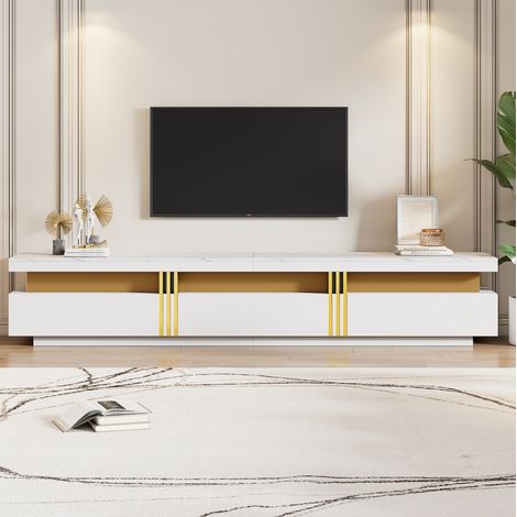 Mueble TV 200 x 40 x 42 cm, aspecto mármol, 3 cajones, pasa cables, blanco DESVIAE (1/5)