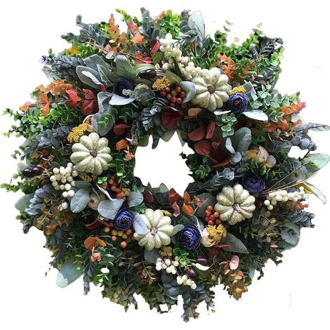 Couronne Automne - 45 cm - Baies Eucalyptus Citrouilles Feuilles Artificielles - Décoration Porte Extérieure Mur Balcon - 1 Pièce (1/5)
