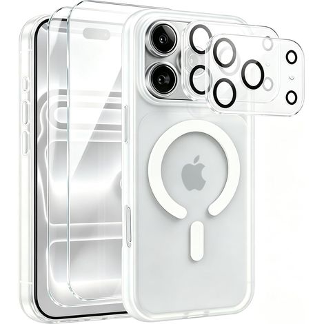 Coque Magnétique pour iPhone 18 Pro 6.3'' avec 2 Pièces Verre Trempé Protection Écran et 2 Pièces Caméra Protecteur, Anti-Rayures, Anti-Dérapante, Étui de Transparent Mat TPU Protection (1/5)