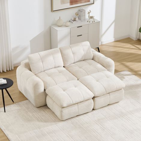 Canapé 2 places modulable en chenille, sans cadre, avec 2 ottomanes, assise large capitonnée, mousse haute densité 32D, Beige, 194 x 160 x 68 cm, sans montage, pour salon et appartement