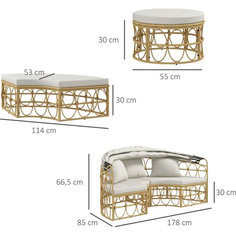 Ensemble de mobilier de jardin HOMCOM Shell 2 places avec auvent pliable et table basse couleur crème - Salon de jardin idéal pour terrasse et jardin résistant aux UV