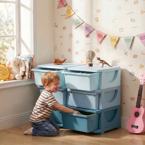 HOMCOM Schubladenschrank für Kinder mit Stauraum Aufbewahrungsboxen Spielzeug-Organizer Spielzeugkiste sechs Ebenen für Kinderzimmer 3-6 Jahre Kindermöbel Blau 75 x 37 x 56,5 cm
