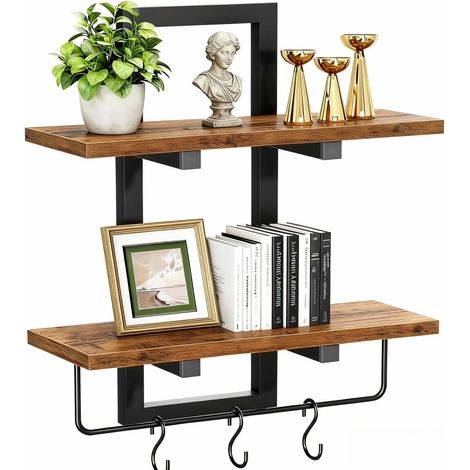 Etagere Murale Bois 2 Niveaux, Etagères Flottantes avec Barre à Serviettes et 3 Crochets pour Décoration Murale et Rangement en Salle de Bain, Salon, Cuisine, Chambre (1/5)