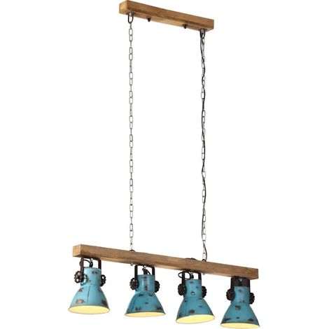 Plafonnier industriel à 4 abat-jour 90 x 24 x 111 cm ambiance cosy finition bleue délavée en bois de manguier (1/5)