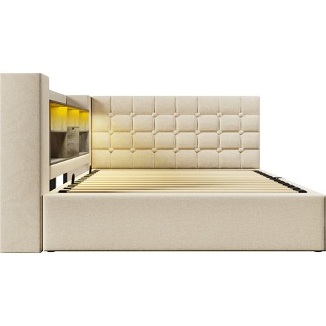 Cama tapizada 140x200 cm con LED, arcón hidráulico y colchón, beige (1/5)