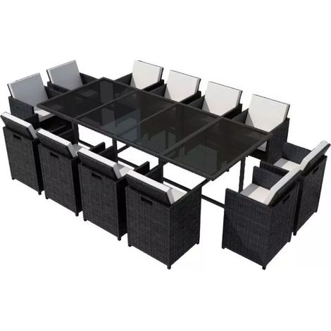 Table rectangulaire et 12 chaises de jardin résine tressée noir Iris 2 (1/5)