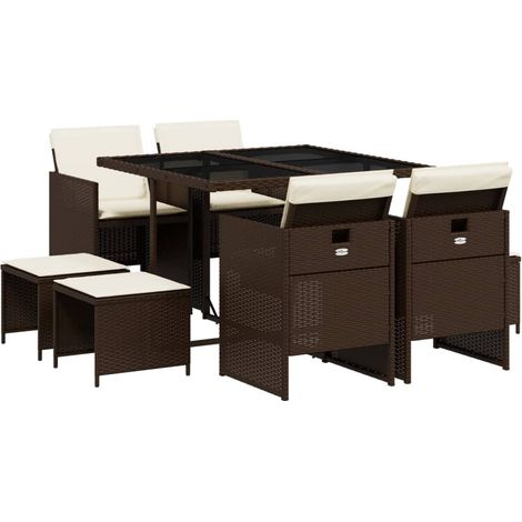 Ensemble à manger de jardin et coussins 9 pcs，Salon de jardin marron poly rotin CFW91221 (1/5)