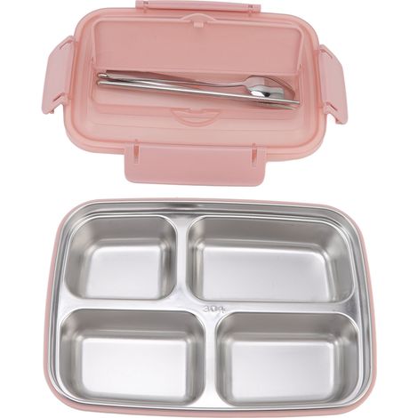 Lunchbox aus Edelstahl 304, 4 Fächer mit passendem Besteck, tragbar für Schule und Büro, rosa (1/5)