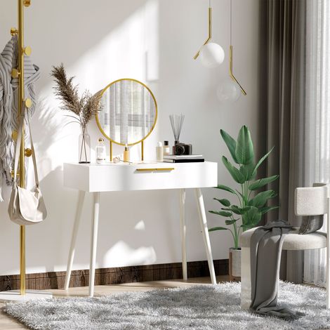 Coiffeuse en bois avec miroir et deux tiroirs pour accessoires. 80 x 40 x 123 cm. Blanche. (1/4)