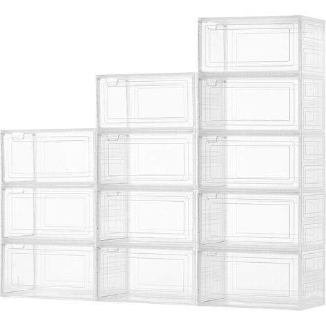 Boîtes de rangement pour chaussures, lot de 12, transparentes et empilables, avec porte magnétique, adaptées jusqu'à pointure 13, en plastique pour talons, bottes et chapeaux. (1/5)