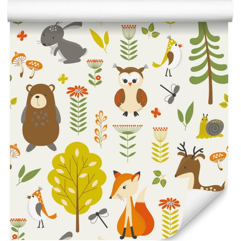 Carta da parati con simpatici animali del bosco per soggiorno e camera da letto, 50x1000 cm (1/5)