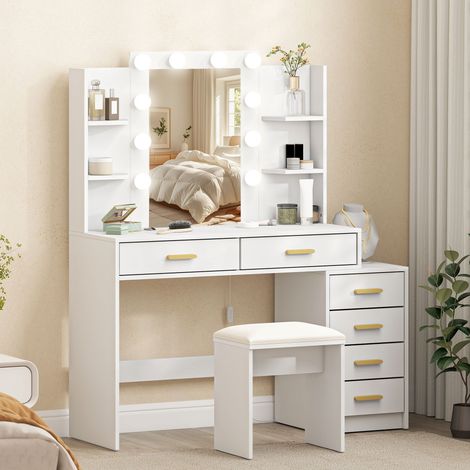 Coiffeuse miroir illuminé tabouret rembourré ensemble maquillage 6 tiroirs étagères - Couleur: Blanc